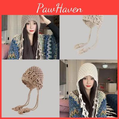 Gorro de Punto con Borlas de Perlas para Mujer Hecho a Mano con Adornos Florales para Otoño e Invierno