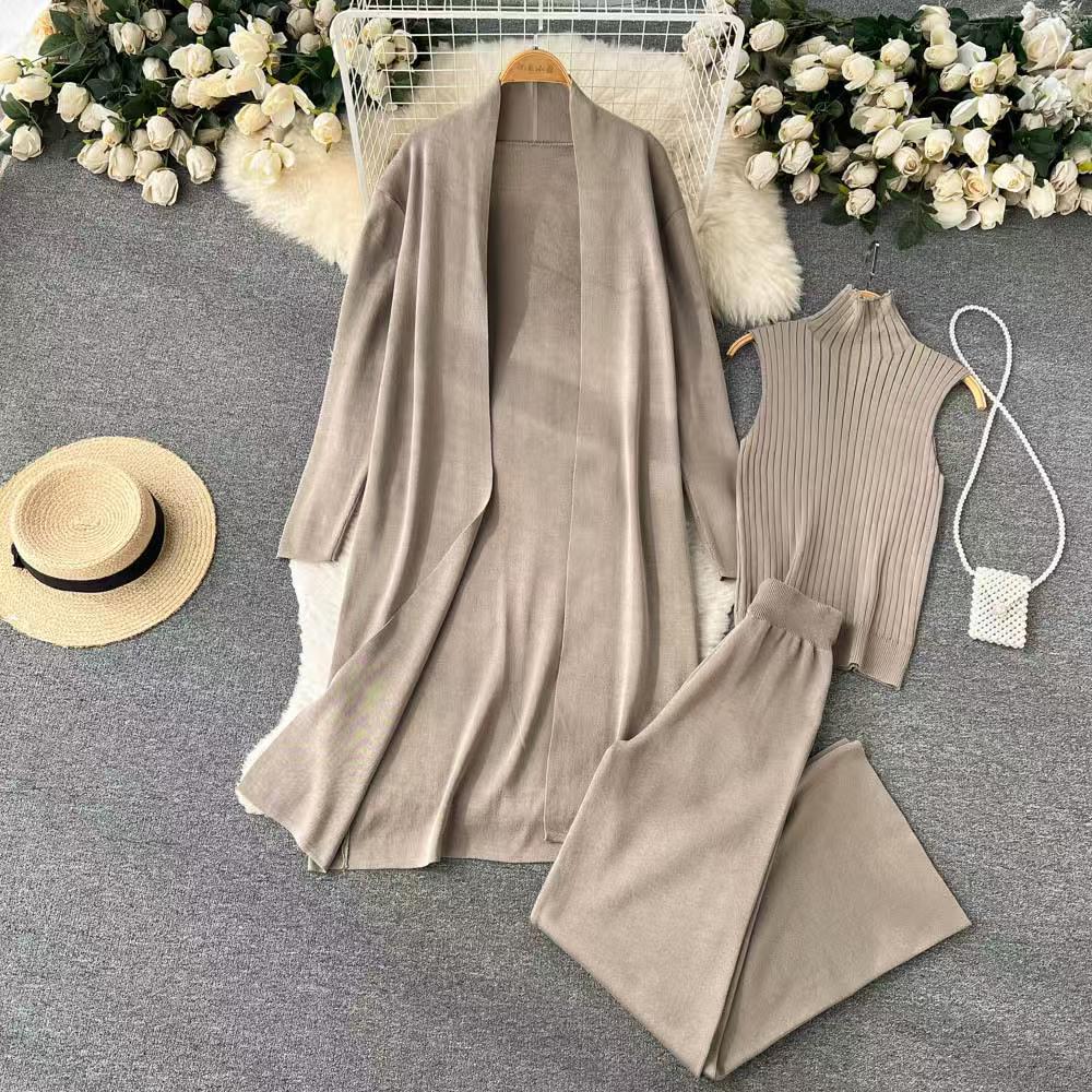 New Spring & Autumn Knitted Three-Piece Set: Sleeveless Vest, Cardigan, and Pants