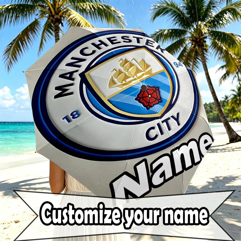 Custom Name Personalized Manchester City FC Print Umbrella, Auto Open Close, 8‑Rib Sturdy Frame, Commute Camping Hiking Use, Birthday Gift