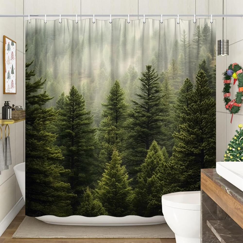 Dark Green Pine Forest Shower Curtain Misty Trees Landscape Print Polyester Bath Curtain With 12 Hooks For Nature Decor