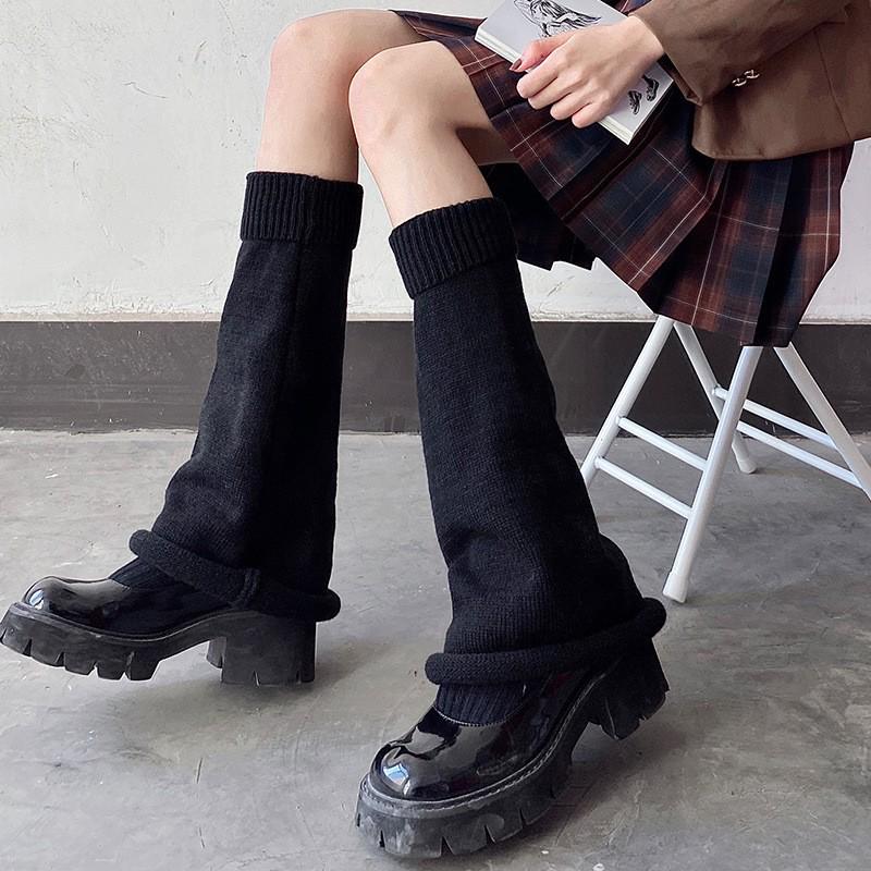 Gray-Powder Striped Wide-Leg Flared Socks - Knitted Autumn/Winter Calf Socks for Hot Girl Subculture