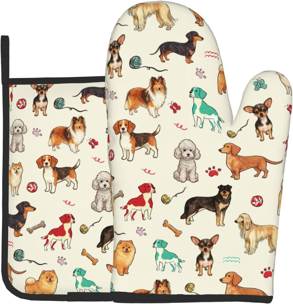 Dog Oven Mitts and Pot Holders Sets 2Pcs,Funny Oven Gloves Potholder Cute Animal Design Kitchen Mitt for Chef Cooking Baking