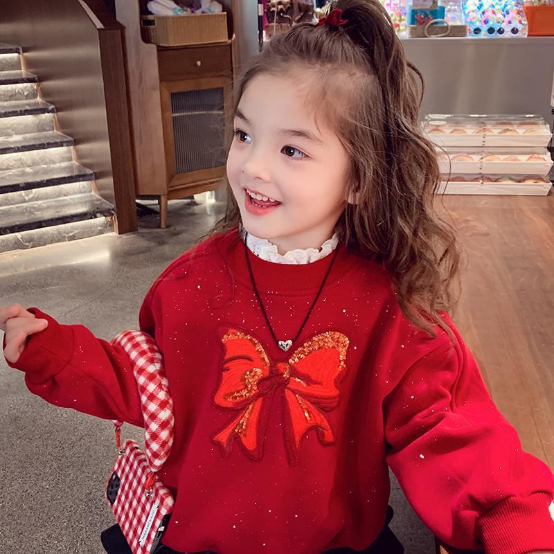 Girls New Year Fleece Hoodie Winter Warm One Piece Sweatshirt Stylish Kids Chinese Festival Top
