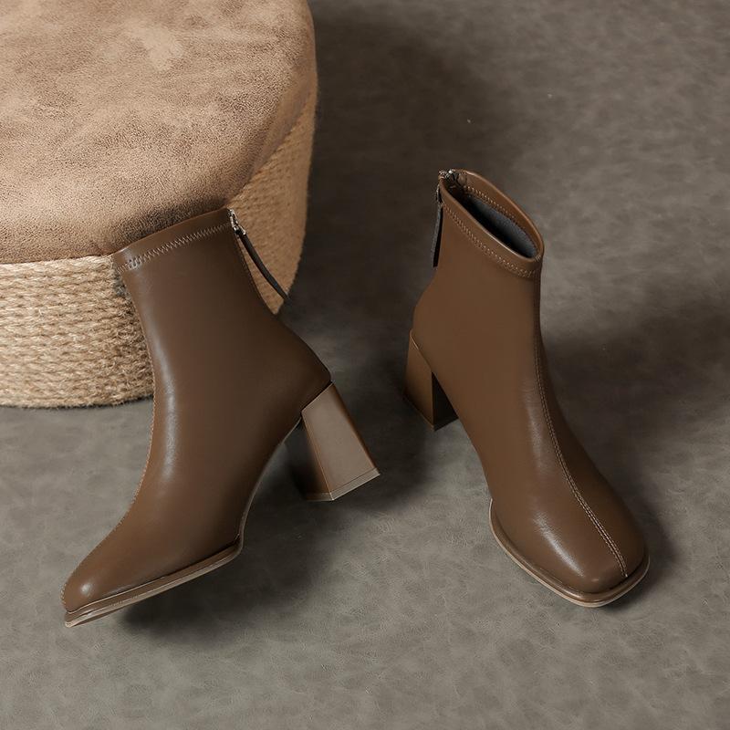 Yuexinwang genuine leather flat for Huizhou women's shoes grape mother same boots for women's autumn and winter new thickened thick heel short boots f