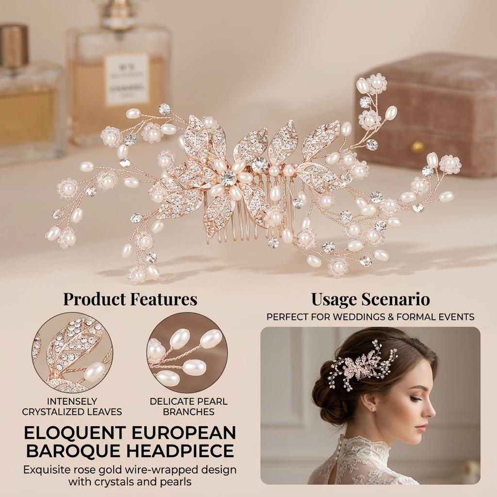 Baroque Metal Leaves Bridal Pearls Hair Comb Elegant Wedding Hairstyle Ornament for Bride Wedding Ceremony Banquet Formal Party