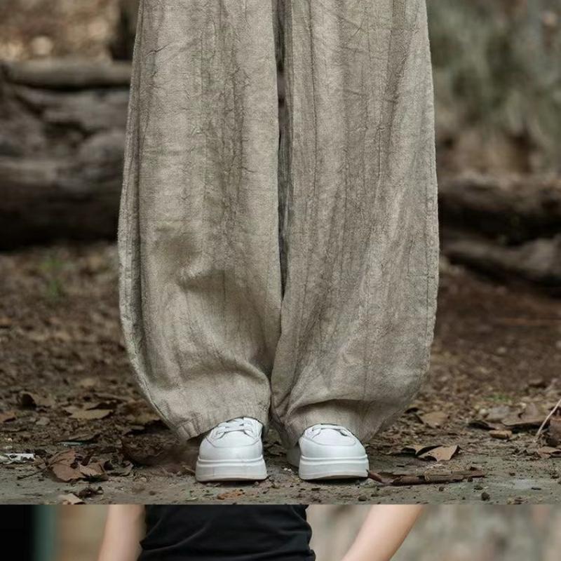 Vintage Tie-Dye Distressed Cotton Linen Casual Long Pants Women's Summer Loose Slimming Textured High Waist Drape Lantern Pants