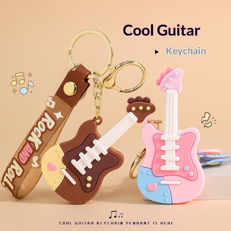 Cute Cartoon Guitar Shaped Silicone Keychain With Wrist Strap Pastel Design For Bag Decor Gifts For Music Lovers