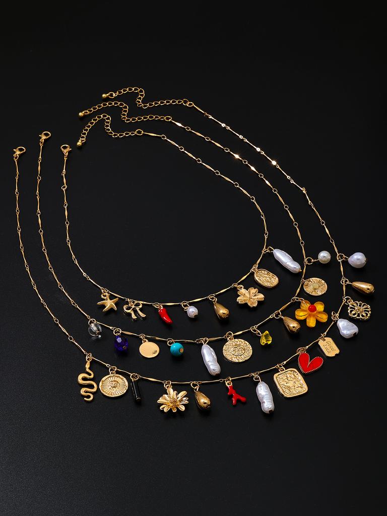 Multi-layer Imitation Pearl Heart Flower Bow Pendant Necklace Vacation Stages and Music Festival Jewelry Party Gift