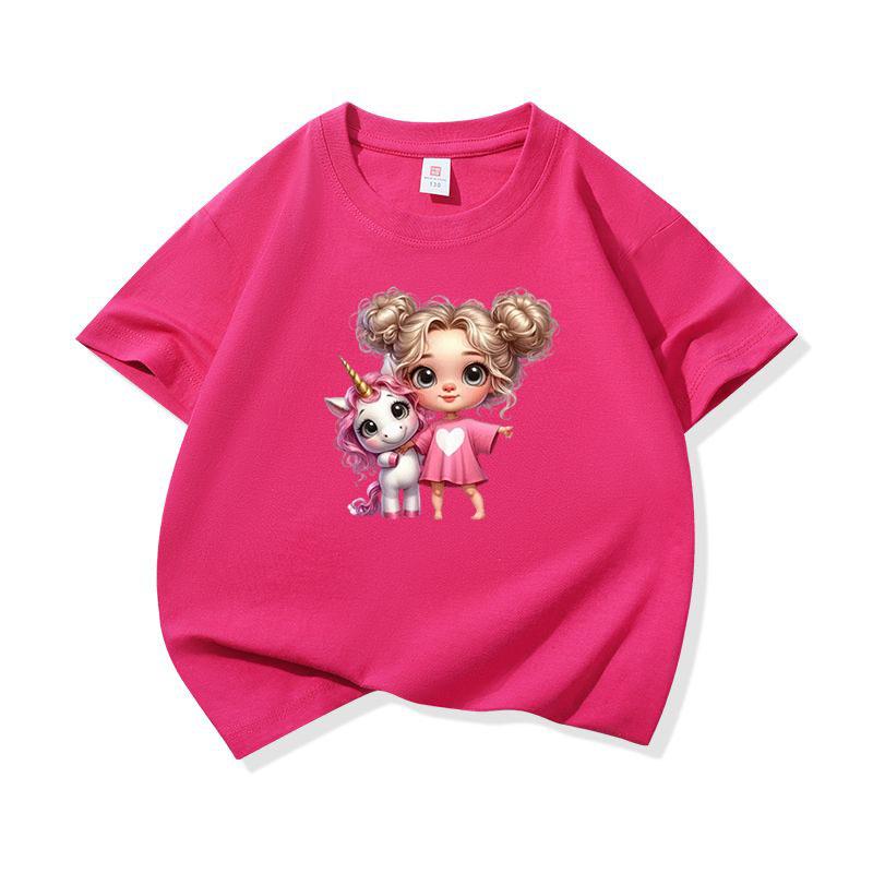 Kids Cotton T Shirt Cute Girl With Unicorn Print Crew Neck Short Sleeve Tee Casual Boys Girls Summer Tops