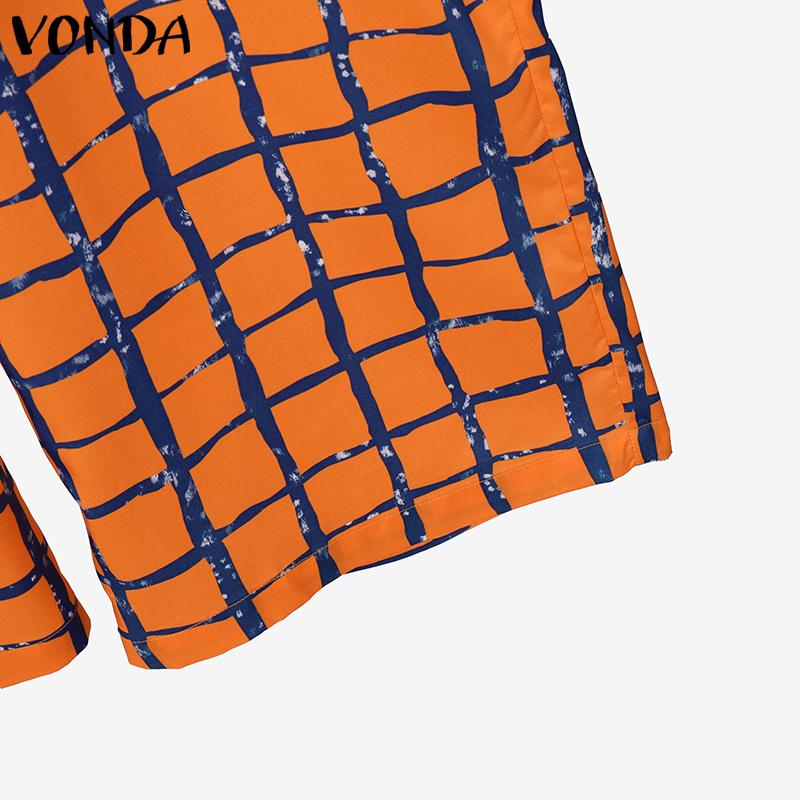 VONDA Women Outfits Plaid Print Long Flare Sleeve Blouse and Wide Leg Pants Casual Two Piece Suit