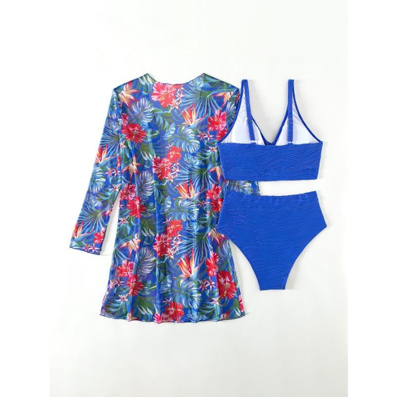 High Waist Textured Bikini Set with Tropical Floral Cover Up