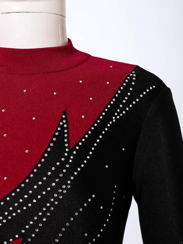 Kids Girls Long Sleeve Mock Neck Shiny Rhinestones Decor Leotard with Shorts for Dance Gymnastic Workout