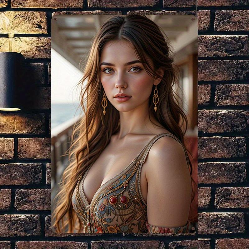 Hisun Tin Sign HD Metal Wall Art Elegant Brunette Woman In Intricate Bohemian Embroidered Dress with Gold Earrings Long Flowing Hair Standing O