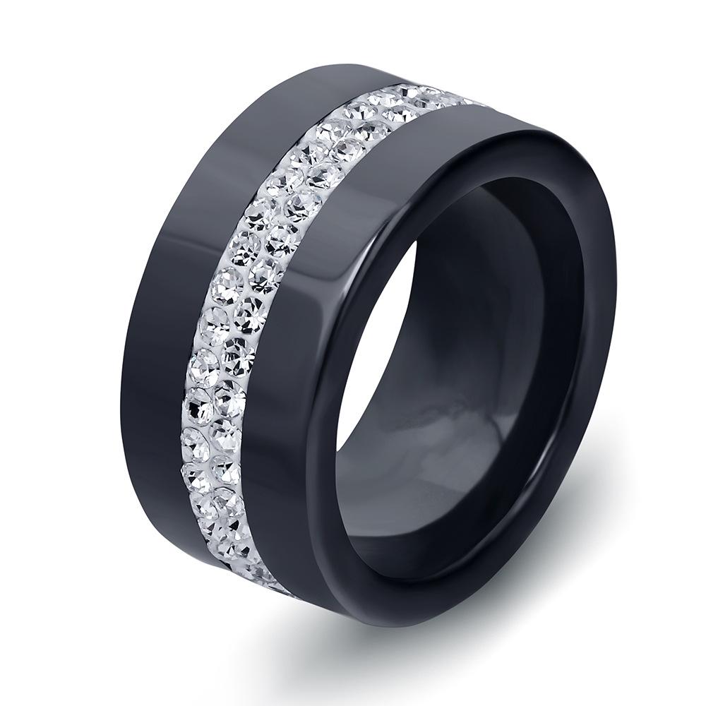 Stylish Ceramic Black and White Two-Row Diamond Ring, 10MM