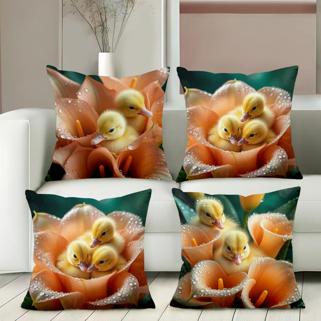 Cute Ducklings Nestled in Orange Lily Pattern Cushions Polyester pillowcase, sofa decorative cushion cov Headboard Pillow