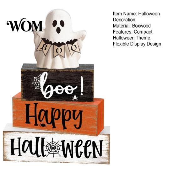Halloween Table Decorations Ghost Decoration, Wooden Sign Tiered Tray Ornament, Farmhouse Flexible Layered Wood Blocks Tabletop Centerpiece for Coffee