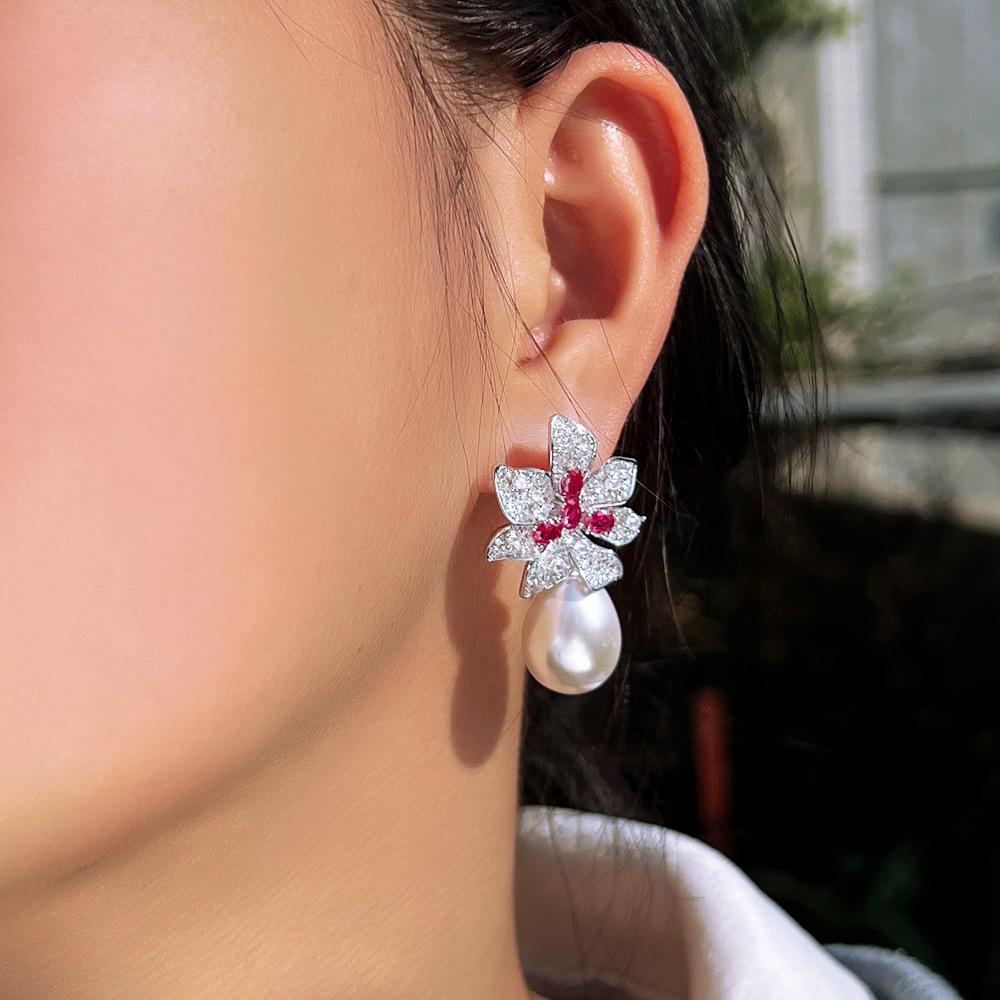 Light Luxury Sweet Zircon Flower Pearl Earrings Needles High-End Temperament Celebrity Style Trinkets
