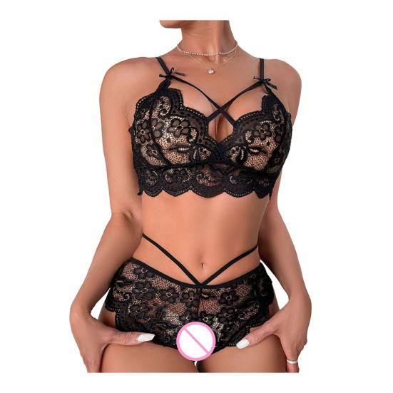 2 Pcs/Set Sexy Underwear Hollow Out Lace Solid Color Wireless Unpadded Open Crotch Elastic Bow Decor Multi Straps Soft