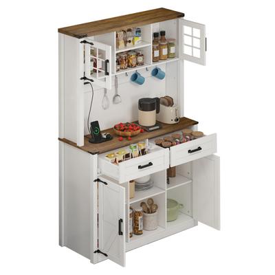 Kitchen Cabinet Bar with LED Light And Electrical Outlets, Large Buffet 2 Drawers, Barn Door Design, Adjustable Shelves, Rustic Coffee Sideboard
