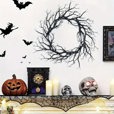 Halloween Black Branch Wreath for Front Door 18 Inch Spooky Gothic Artificial Twig Wreath for Indoor Outdoor Wall Window Halloween Decor