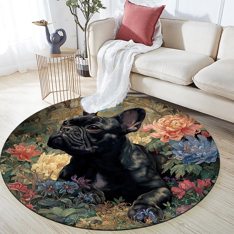 Floral Cat and Dog  Round Area Rug,Carpet Rug for Living Room Bedroom Sofa Playroom Decor,Non-slip Floor Mat