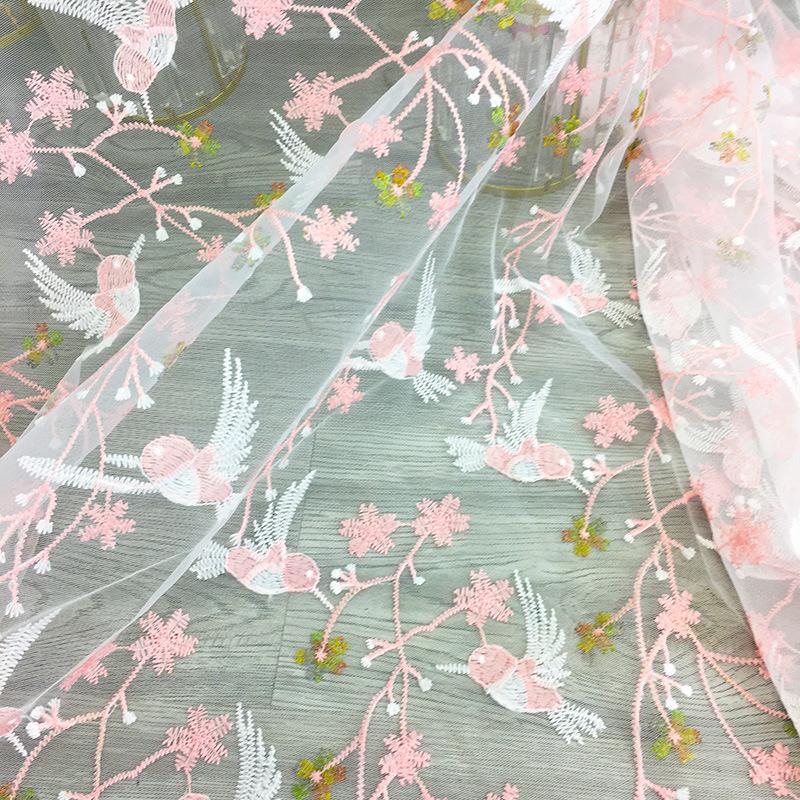 Pink Small Bird Embroidery Mesh Fabric Plant Pattern Sequins Fashion Lace Fabric For DIY Dress Children's Clothing Fabric TJ9659