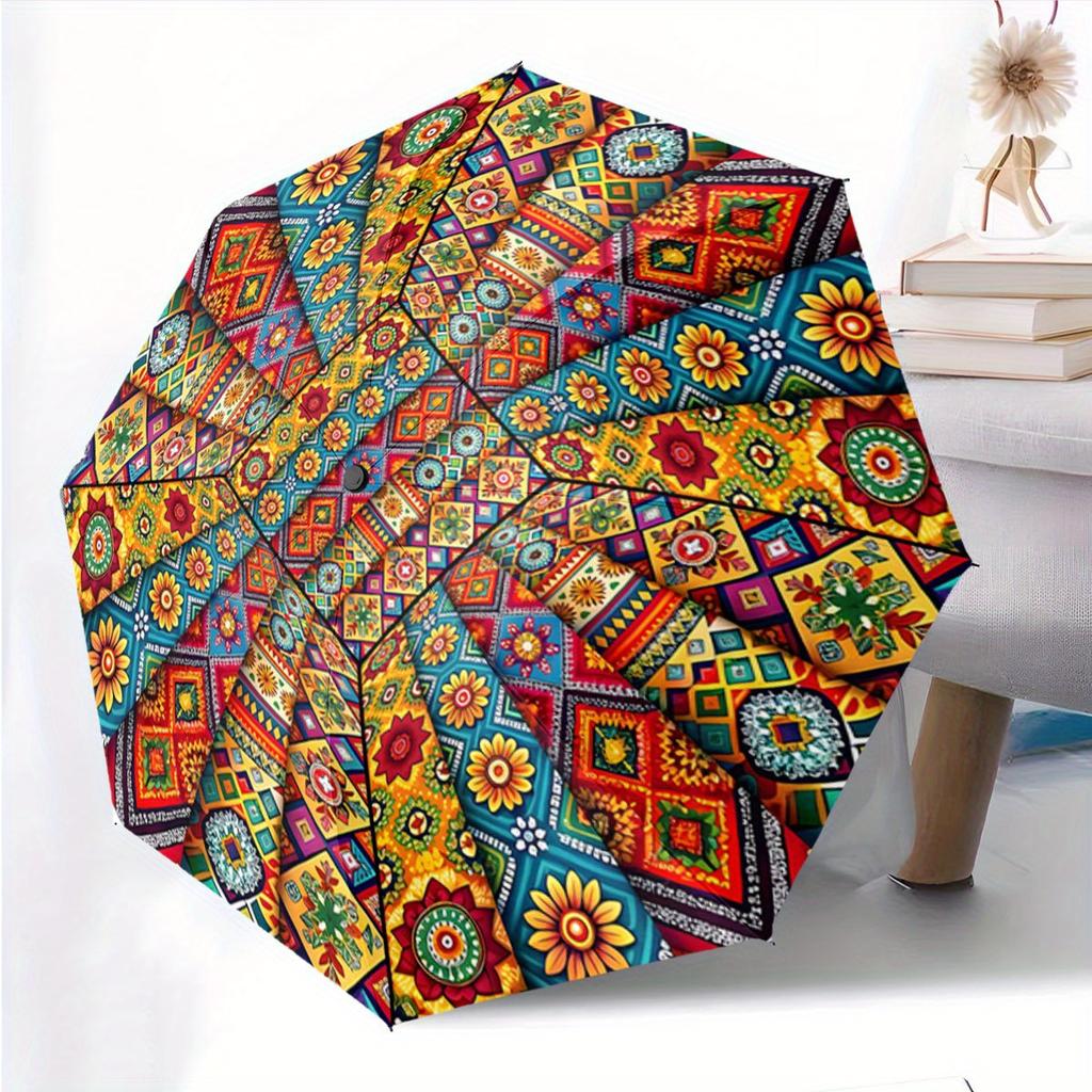 Automatic Folding Umbrella Colorful floral and geometric patchwork pattern. Portable collapsible design, casual outdoor access