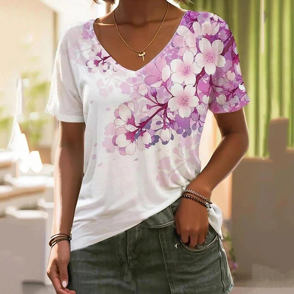 

Новая модная женская футболка с 3d цветочным принтом, летняя футболка с короткими рукавами и v-образным вырезом, женская свободная повседневная одежда, футболки большого размера, топ S
