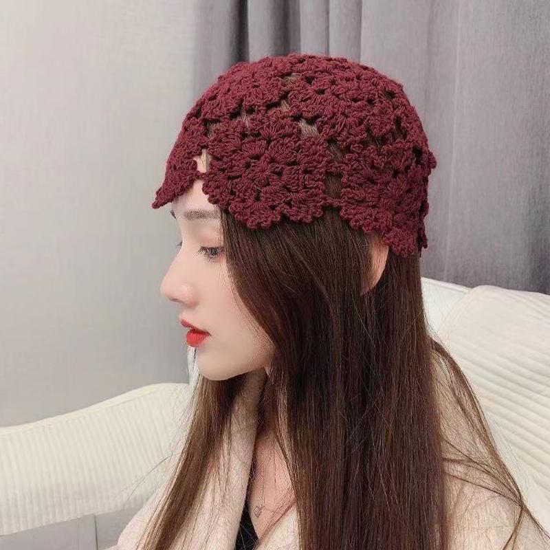Fashion Flower Embroidery Hollow Crochet Knitted Hat French Retro Beanie Accessories