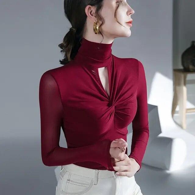 

Топ с висячим воротом и высоким воротом, осенне-зимний новый однотонный низ, сетчатая футболка с длинными рукавами и вырезами, S-4XL 4XL синий