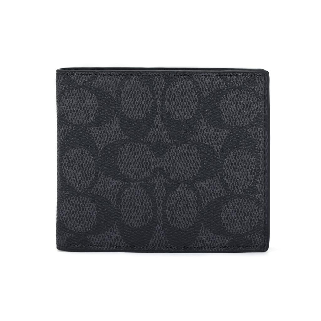 Coach Billfold Wallet 10 Brand Embossed Print Coated Canvas Wallet Small Men Wallets Black CY394-QBMI5