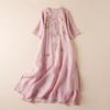 Women's Fairy Embroidered Ramie Dress - Round Neck, Pullover, 5-Point Sleeves, Long Summer Style
