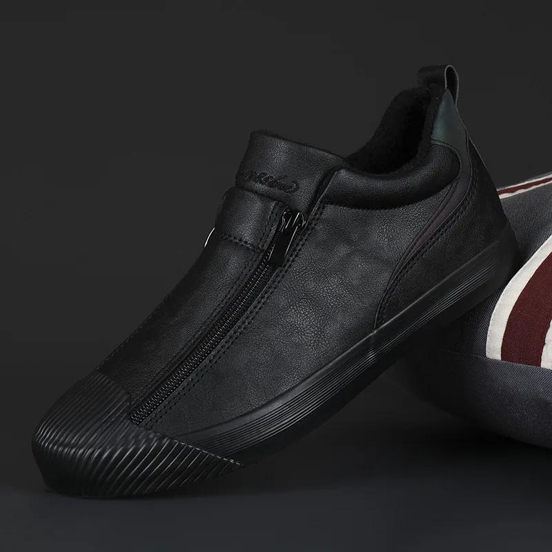 Men Leather Casual Shoes Fashion Double Zipper High Tops Flat Shoes Slip on Plush Male Sneakers Loafers Tenis Masculino 2024