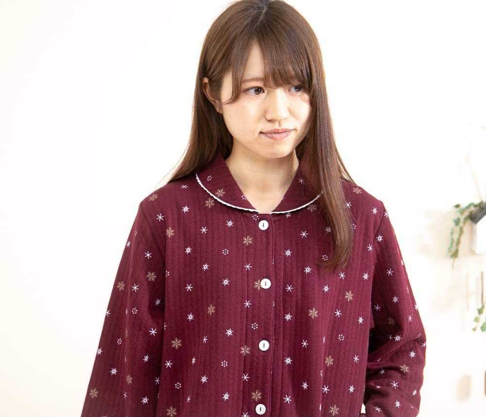 Cotton Knitted Crystal Long Room Winter Product 40010 [K's Eye] Skin-friendly 100% Padding, Quilt, Pattern, Open-front Pajamas, Women's, Sleeves,