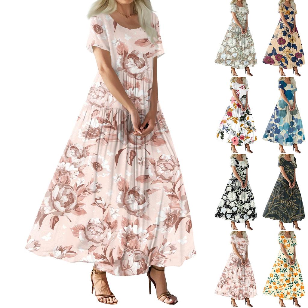 Women's Summer Casual Floral Print Short Sleeve O Neck High Waist A Line Tiered Flowy Boho Maxi Dress