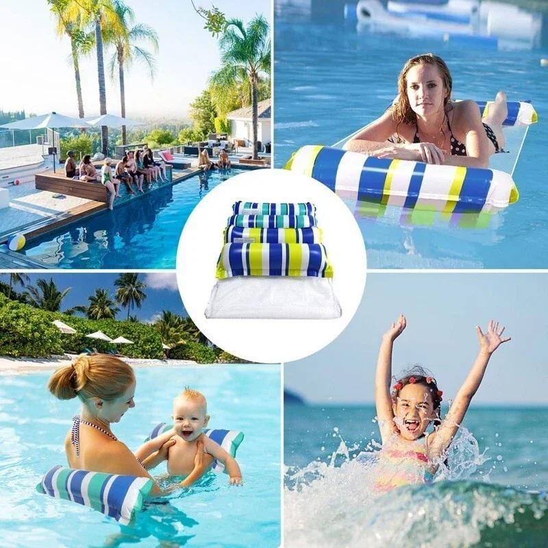 1pcs Inflatable Water Hammock with Mesh Outdoor Water Foldable Striped Floating Bed Water Lounge Chair Pool Party Beach Fun