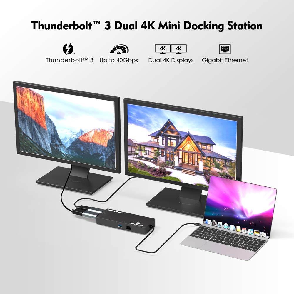 WAVLINK Thunderbolt 3 Mini Dock Docking Station Dual 4K Max 5K Display Output 2 x DP Output Ports THB3 Port A Port Gigabit Ethernet Compatible with