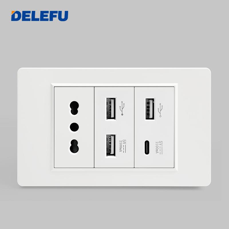 DELEFU Italian Standard White 118 Type Wall Switch Socket with USB + TYPE-C Socket Is Suitable for Hotels and Households.