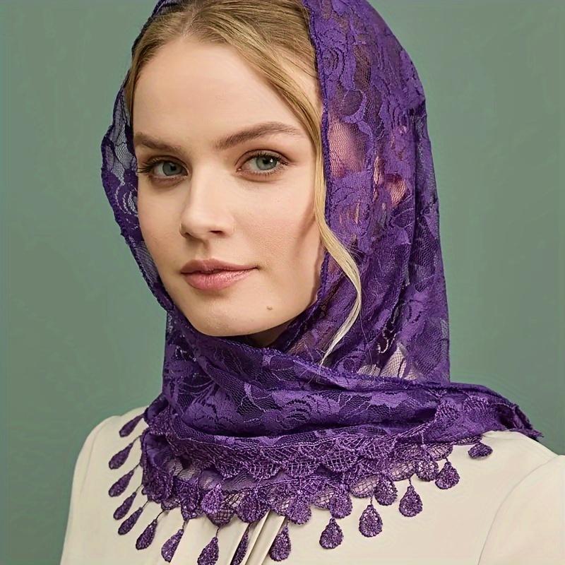 1pc Rose Pattern Lace Triangle Hijab Scarf Thin Breathable Tassel Shawl Elegant Style Windproof Sunscreen Head Wrap