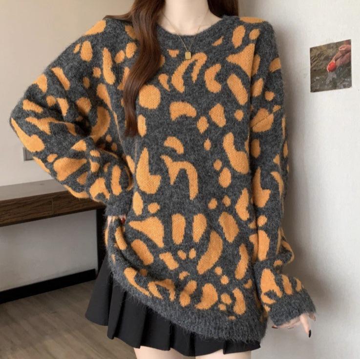 American Leopard Print Loose Long Sleeve Knit Pullover Plus Size Sweater for Women