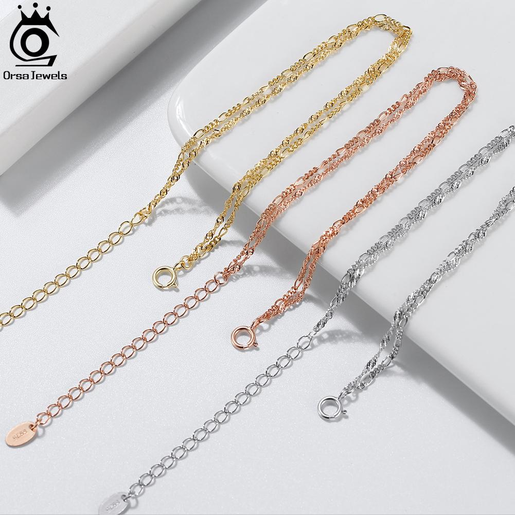 ORSA JEWELS Solid 925 Silver Double-Layered Bracelet Italian Water Ware Diamond-Cut Figaro Chain Bracelet for Women Girls SB132
