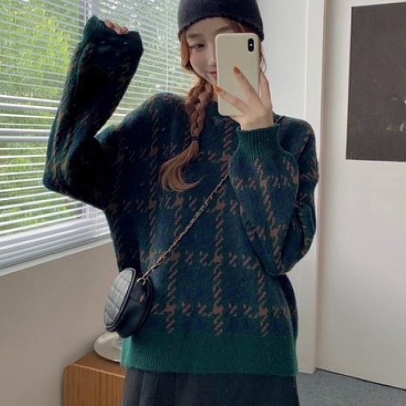 Autumn Winter Houndstooth Knitted Loose Sweater Women Pullover Tops Long Sleeve O Neck Casual Streetwear Women Knitwear Jumpers