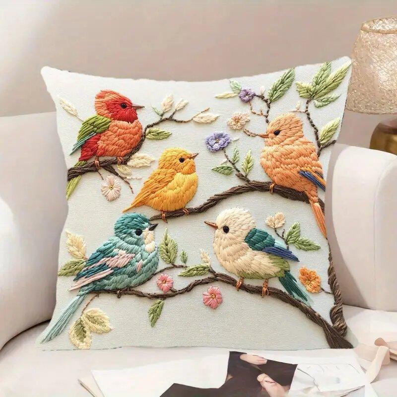 45cm Colorful Bird And Floral Print Pillow Cover For Living Room Decorative Couch Cushion Case Sofa Pillowcase
