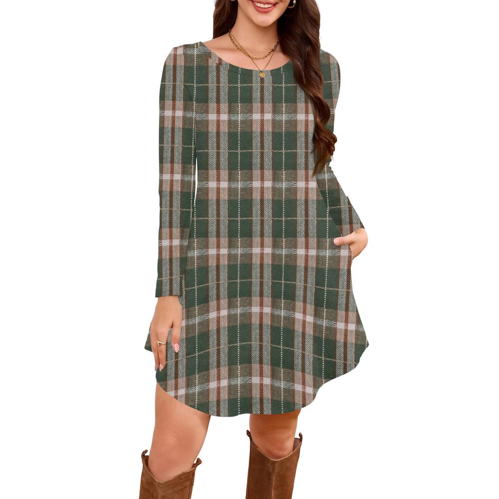 Women's Long-sleeved T-shirt Dress With Round Neck, Knee-length, Loose Fit, Casual And Pockets