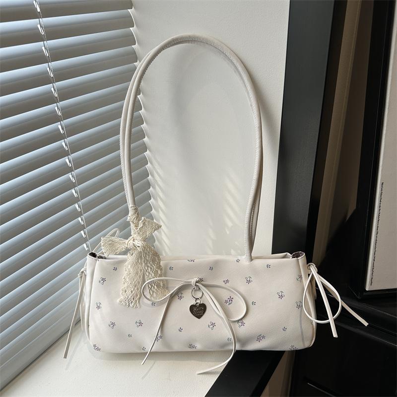 Niche sweet floral baguette bag women's  new trendy fashion girl style bow underarm bag shoulder bag