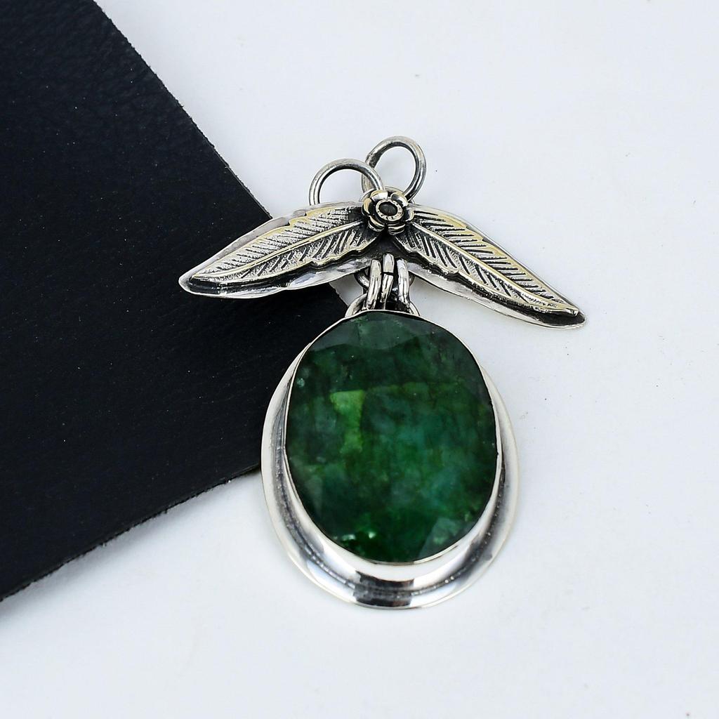Emerald Gemstone Silver Pendant in 925 Sterling Silver- Handmade Design, Everyday Wear Jewelry, Unique Pendant Thanksgiving Gifts