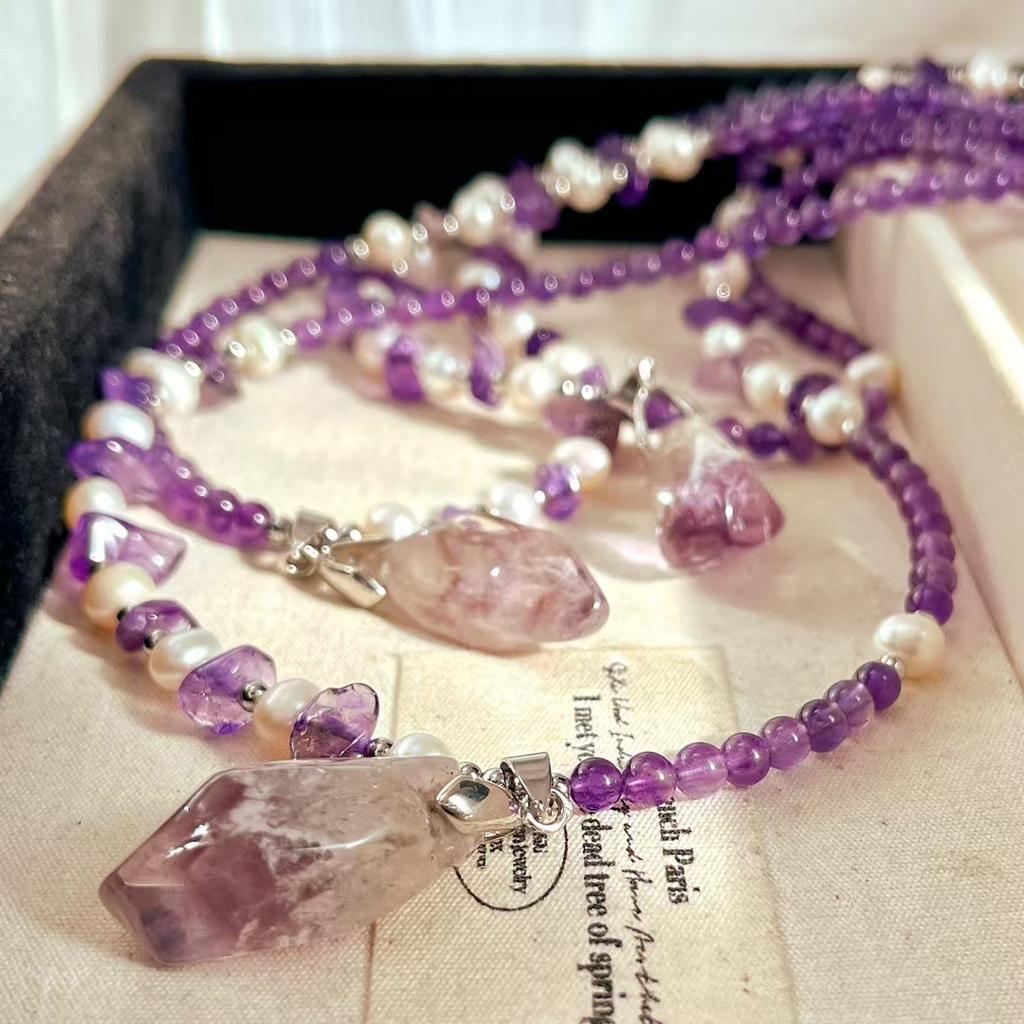 Vintage Romantic Natural Amethyst Freshwater Pearl Sweater Chain Necklace Clavicle Chain Pendant