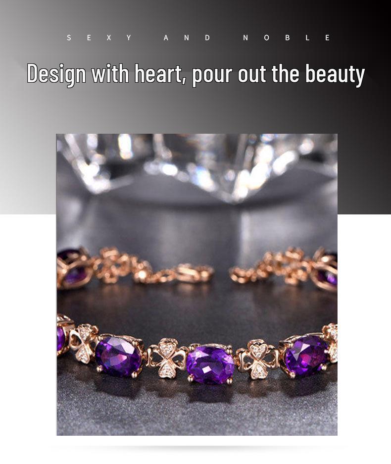 Luxueux bracelet trèfle à quatre feuilles en améthyste plaqué or 18 carats avec des pierres précieuses colorées