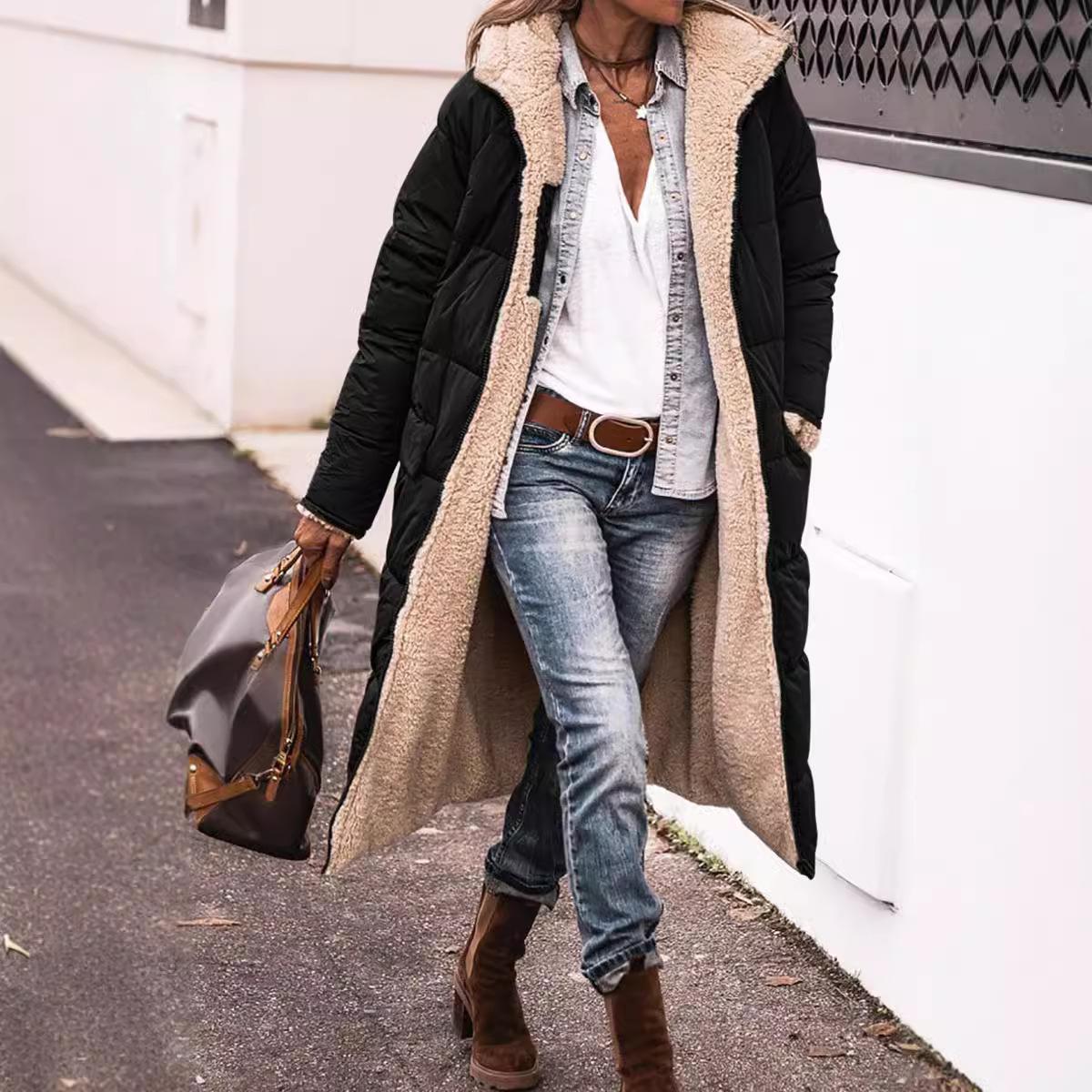 

Двустороннее длинное пушистое зимнее пальто с капюшоном для женщин больших размеров, повседневная верхняя одежда на осень и зиму XL чёрный