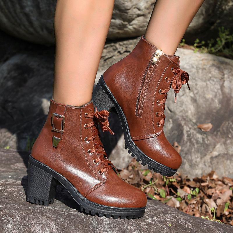 Autumn and Winter New Round Head Lace-up Martin Boots Women's Belt Buckle Side Zipper High-heeled Short Boots
